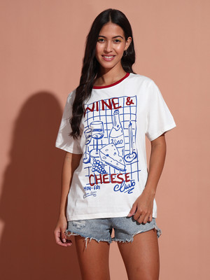 THE DRY STATE Printed Women Round Neck White T-Shirt