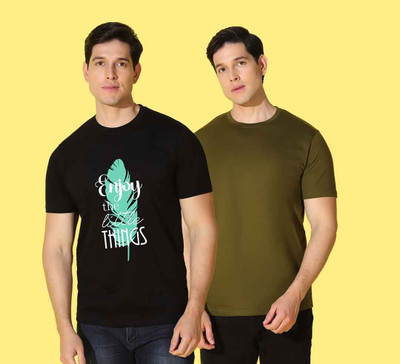WOOSTRO Graphic Print, Solid Men Round Neck Black, Dark Green T-Shirt