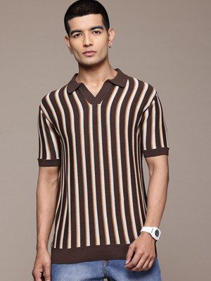 Roadster Striped Men Polo Neck Brown T-Shirt