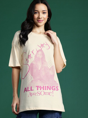 Dressberry Printed Women Round Neck Yellow T-Shirt