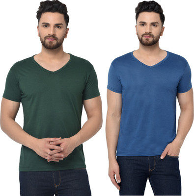 Tresna Trendy Solid Men V Neck Dark Blue, Dark Green T-Shirt