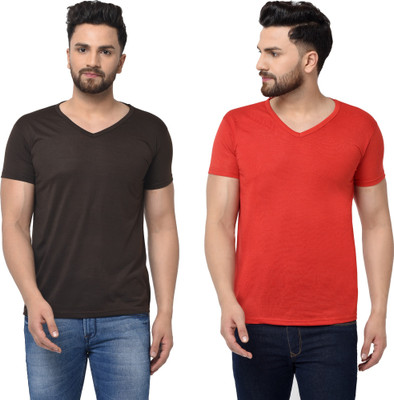 Tresna Trendy Solid Men V Neck Red, Brown T-Shirt