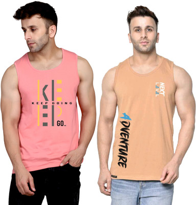 SLOWLORIS Printed, Colorblock Men Round Neck Pink, Beige T-Shirt