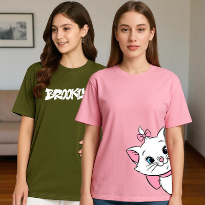 Elvia Printed Women Round Neck Pink, Green T-Shirt