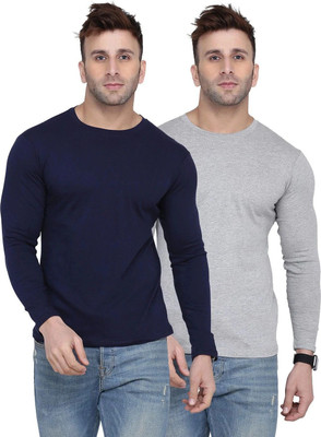 Kroptee Solid Men Round Neck Dark Blue, Grey T-Shirt