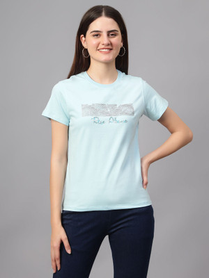 CANTABIL Printed Women Round Neck Blue T-Shirt