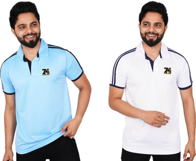 La Milano Striped Men Polo Neck White, Blue, Black T-Shirt