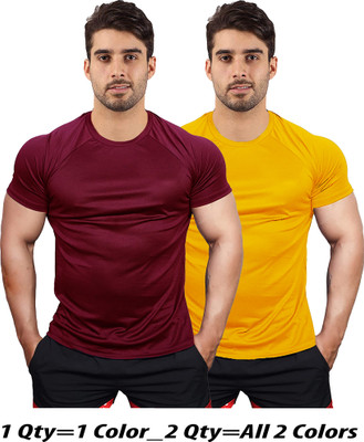 UDI n ADI Solid Men Round Neck Maroon, Yellow T-Shirt