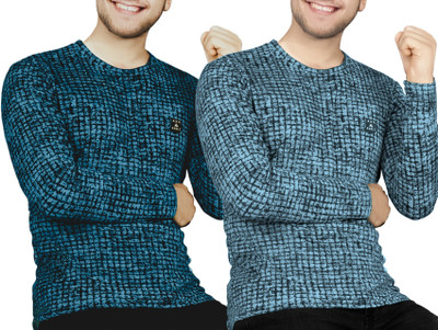 AVOLT Printed Men Round Neck Dark Blue, Light Blue T-Shirt