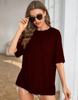 etsun Solid Women Round Neck Maroon T-Shirt