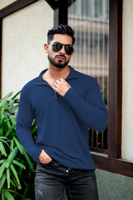 INDICLUB Solid Men Polo Neck Blue T-Shirt