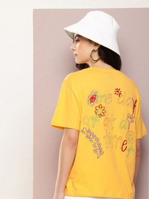 Kook N Keech Printed Women Round Neck Yellow T-Shirt