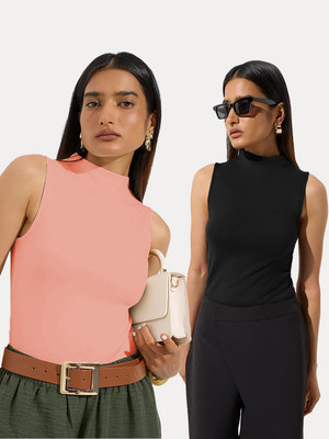 KOTTY Solid Women Round Neck Black, Pink T-Shirt