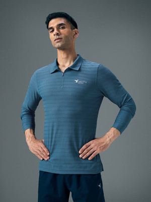 TECHNOSPORT Striped Men Zip Neck Blue T-Shirt