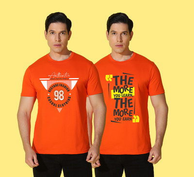 WOOSTRO Printed, Typography Men Round Neck Orange T-Shirt