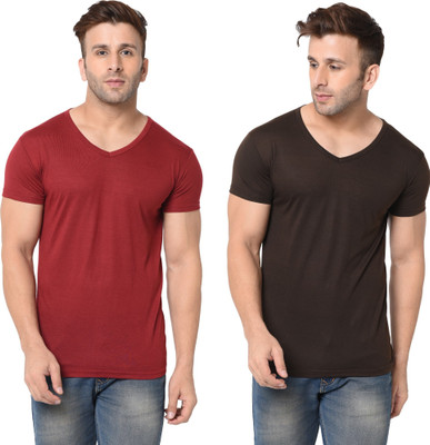 Tresna Trending Solid Men V Neck Maroon, Brown T-Shirt