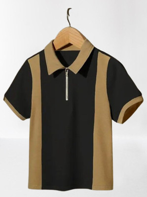 TOIX Striped Men Zip Neck Beige, Black T-Shirt