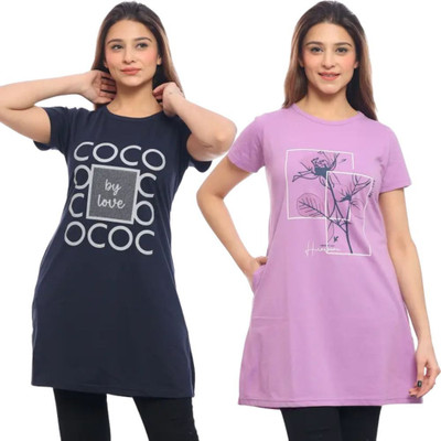 Pushti Fashion Printed Women Round Neck Dark Blue, Pink T-Shirt