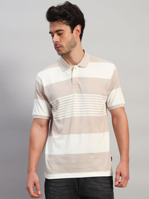 CANTABIL Striped Men Polo Neck Beige T-Shirt