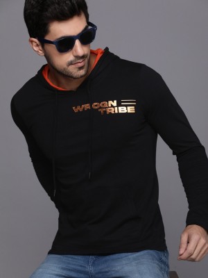 WROGN Solid Men Hooded Neck Black T-Shirt