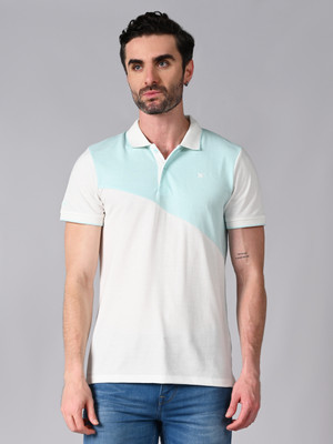 KILLER Colorblock Men Polo Neck White, Light Blue T-Shirt