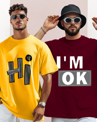 AOOSH Graphic Print Men Round Neck Yellow, Maroon T-Shirt