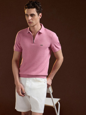 THE BEAR HOUSE Self Design Men Polo Neck Pink T-Shirt