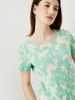 MAX Printed Women Round Neck Green T-Shirt