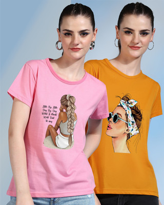 METRONAUT Printed Women Round Neck Pink, Yellow T-Shirt