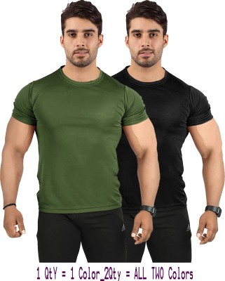 UDI n ADI Solid Men Round Neck Dark Green, Black T-Shirt