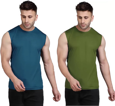 MR THINK Solid Men Round Neck Blue, Green T-Shirt