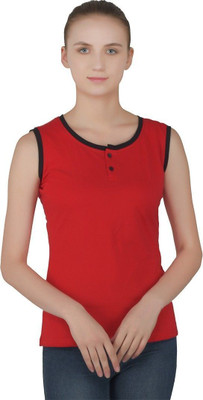Lawful Casual Solid Women Henley Neck Red T-Shirt