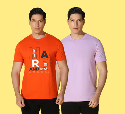 WOOSTRO Printed, Solid Men Round Neck Orange, Purple T-Shirt