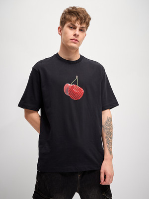 THE BEAR HOUSE Self Design Men Round Neck Black T-Shirt