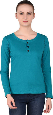 Lawful Casual Solid Women Henley Neck Light Green T-Shirt
