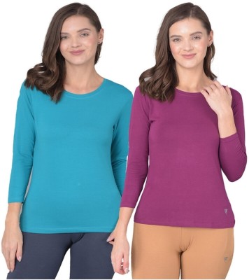 Comfort Lady Solid Women Round Neck Light Green, Purple T-Shirt