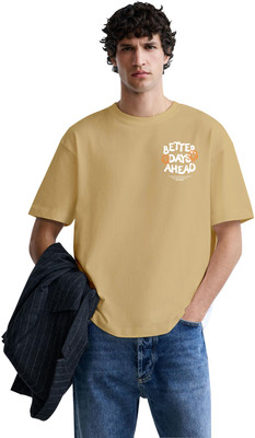 NOTSOFIT Printed Men Round Neck Beige T-Shirt