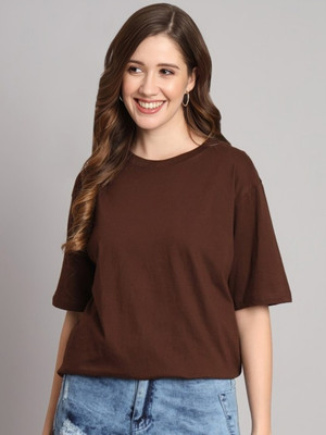 PERFECT PRODUCTIONS Solid Women Round Neck Brown T-Shirt