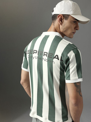 FCUK Striped Men Polo Neck White T-Shirt