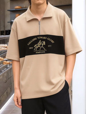 Jump Cuts Printed Men Zip Neck Beige T-Shirt