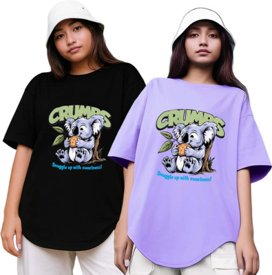 RS FASHION Printed Women Round Neck Black, Purple T-Shirt