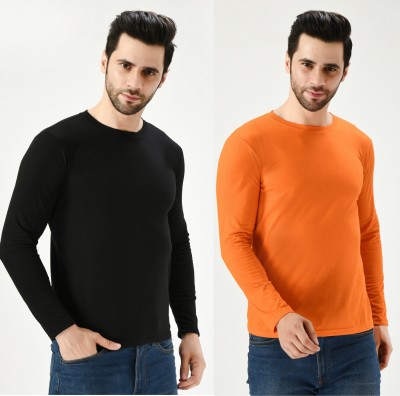 Navelly Solid Men Round Neck Black, Orange T-Shirt