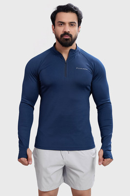 FuaarK Solid Men Zip Neck Navy Blue T-Shirt