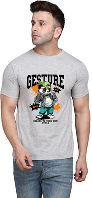GEUM Graphic Print Men Round Neck Silver T-Shirt
