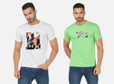 GLOBAL NOMAD Printed Men Round Neck White, Light Green T-Shirt