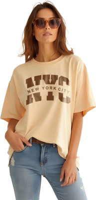 Knite wolf Printed Women Round Neck Beige T-Shirt