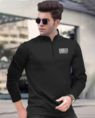 FastColors Printed Men Zip Neck Black T-Shirt