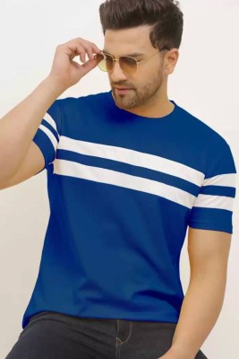 Denzolee Striped Men Round Neck Dark Blue T-Shirt