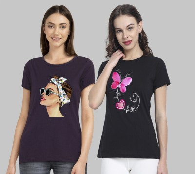 METRONAUT Printed Women Round Neck Purple, Black T-Shirt