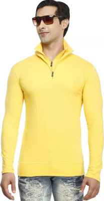 Tresna Trending Solid Men High Neck Yellow T-Shirt